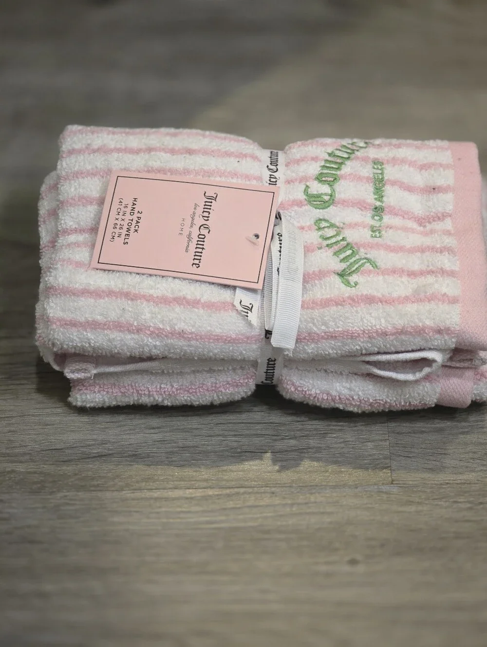 Juicy Couture Home Pink & White Striped Logo Hand Towel Set